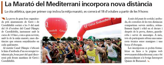 Noticia publicada en el diario municipal de Gav (El Bruguers) el 18 de septiembre de 2009 sobre la celebracin de la quinta edicin de la Marat del Mediterrani el 18 de octubre de 2009
